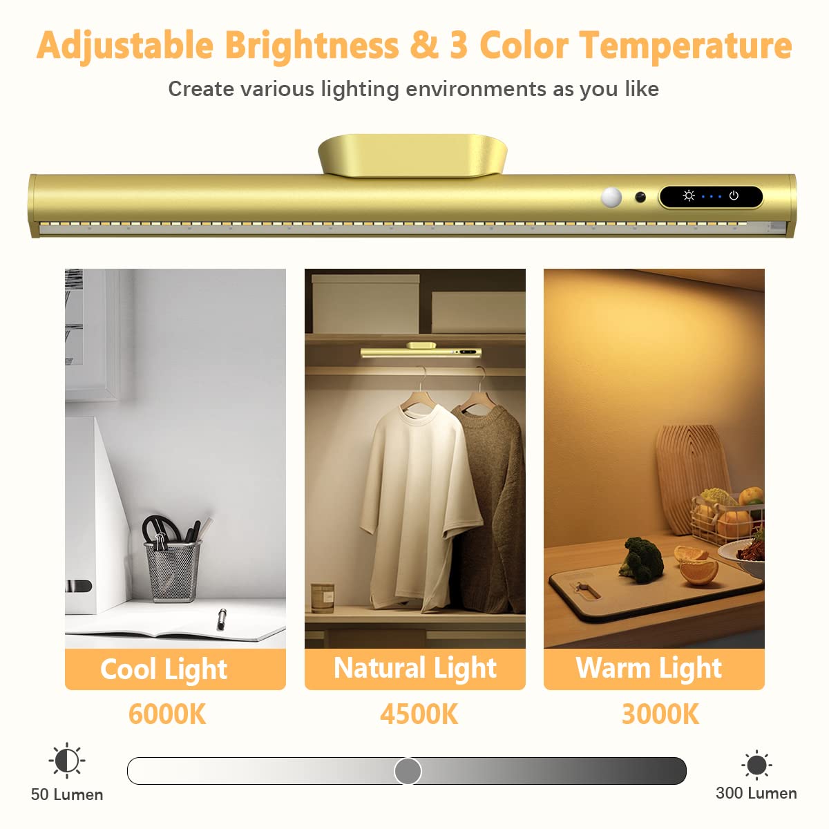Hapfish Motion Sensor LED Light Bar Indoor, Rechargeable Under Cabinet Lighting Wireless, Magnetic Battery Powered Operated Wall Strip Lights with Remote Control for Picture Mirror Closet Room –Gold