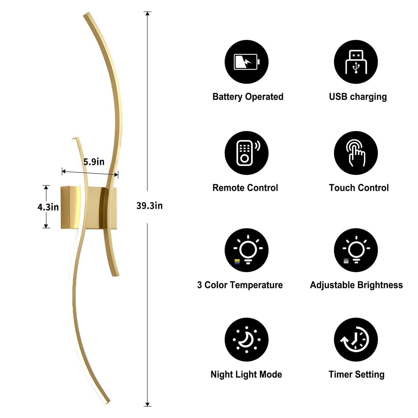 KARTOOSH Wall Sconces Set of 2, Remote Control, Dimmable LED, Brass, 39.3 Inches, Model ZM319BBS100