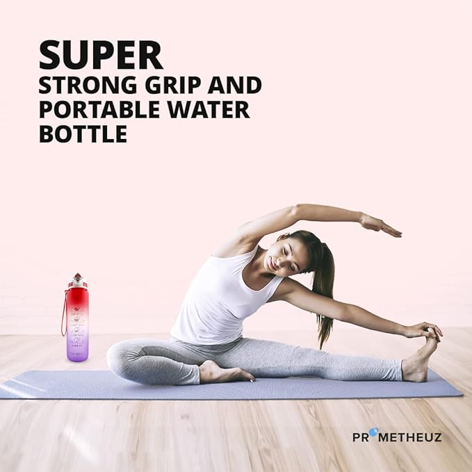 PROMETHEUZ Sports Water Intake Reminder Bottle with Time Marker and Straw, Leakproof Tritan BPA-Free, Fast Flow,Dark Pink Dark Purple, 32 oz
