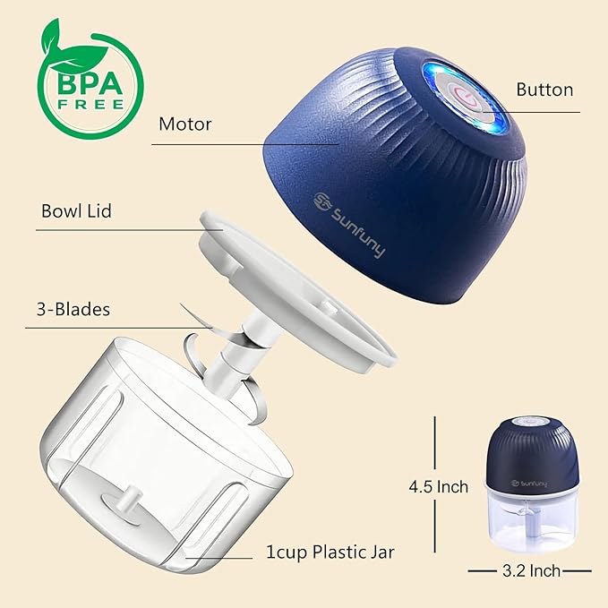 Mini Food Processor Cordless, 250ml Small Garlic Chopper 1 Cup, Battery USB Rechargeable Electric Food Chopper Wireless, Portable Vegetable Meat Blender Kitchen Mixer for Onion, Salad, Xmas Gift(Blue)