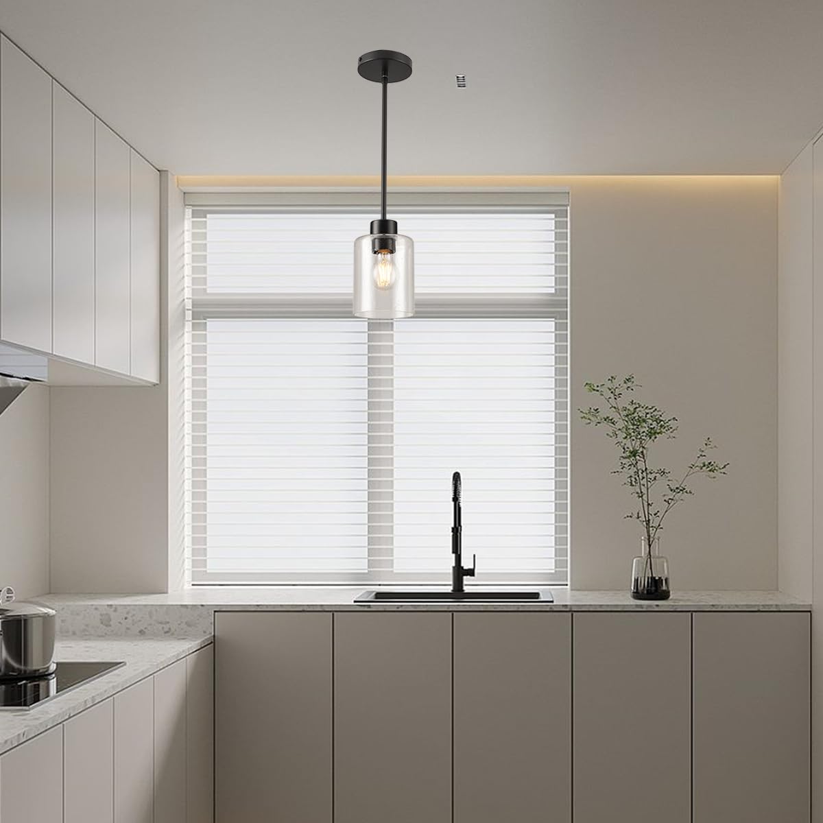 KLSS Black Pendant Light Fixture - Seeded Glass, Metal, 12 Inch & 4 Inch Rods, 3 Units, Model SDBL1P001