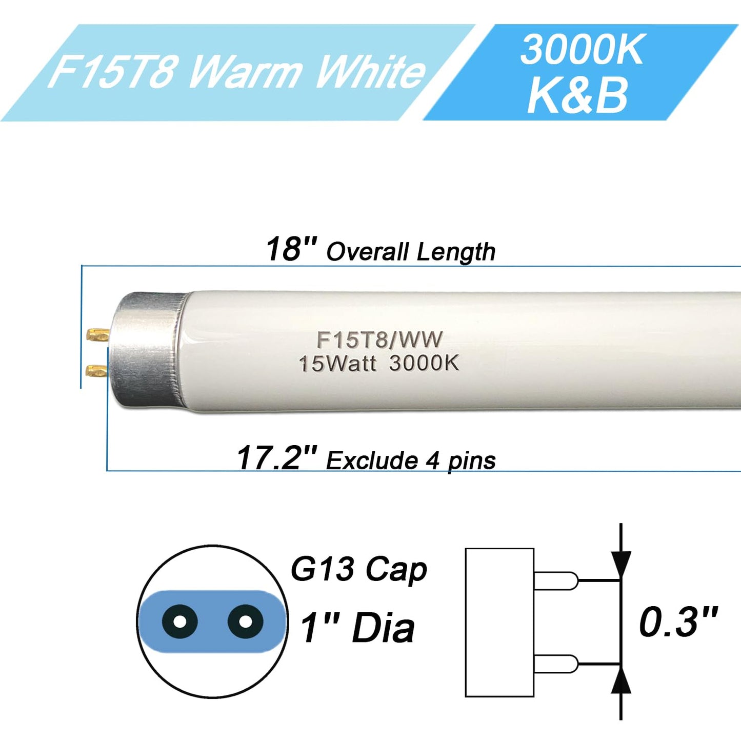 18 inch F15T8/WW Fluorescent Light Bulb 15watt F15T8-KB Warm White Replacement Tube,3000K Soft White T8 Linear Lamp for Kitchen and Bath