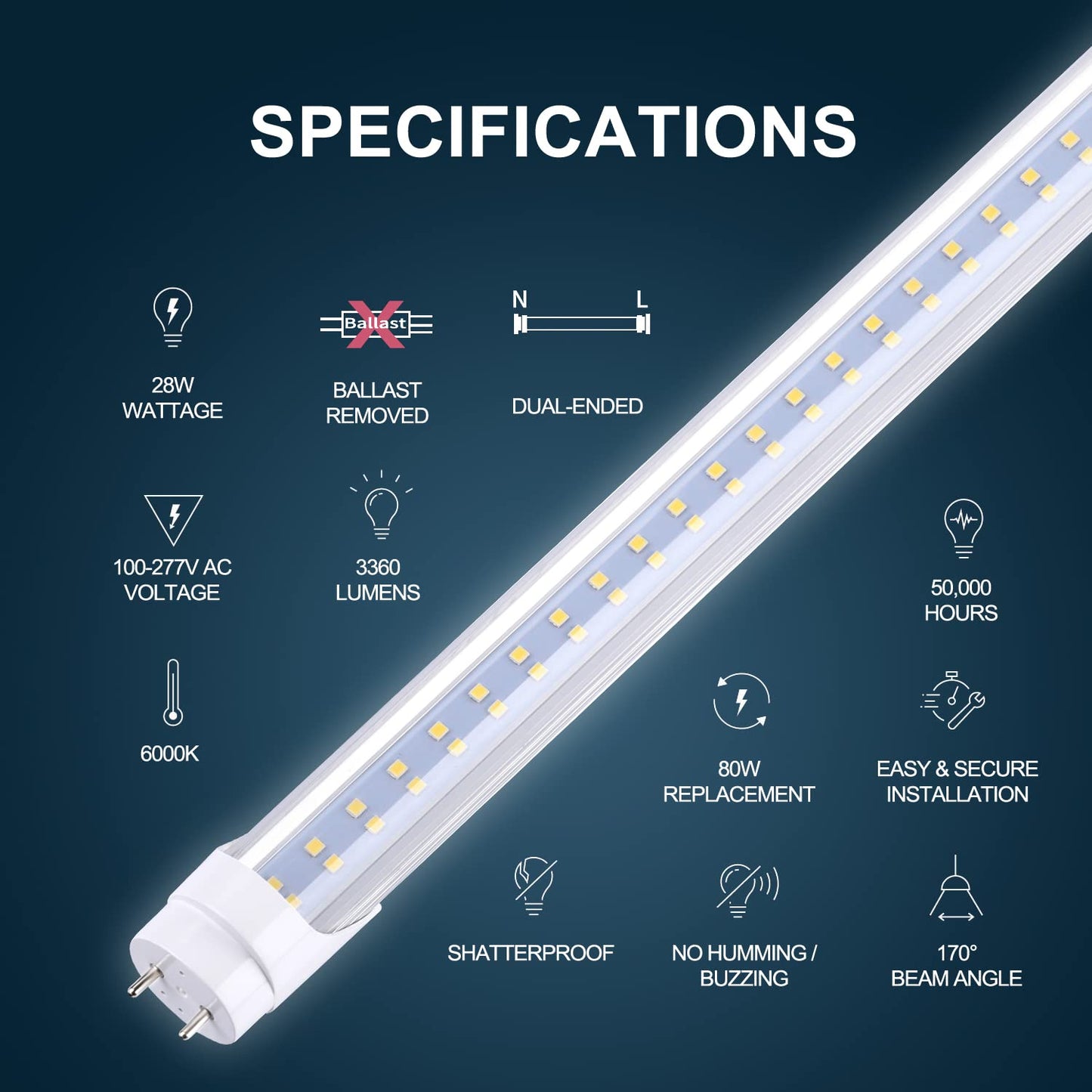 JOMITOP T8 LED Tube Light 28W, 3360 Lumens, Cold White 6000K, Dual-End Powered, Aluminum, 4FT, Model T812-28