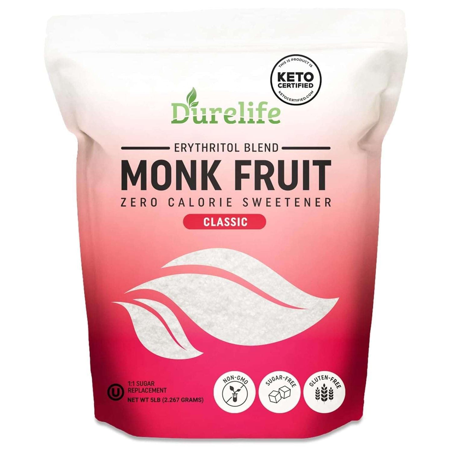Durelife Monk Fruit Sweetener, Classic - Sugar Substitute, Keto Diet Friendly, 1:1 Zero Calorie, White Sugar Substitute - 5 lb (