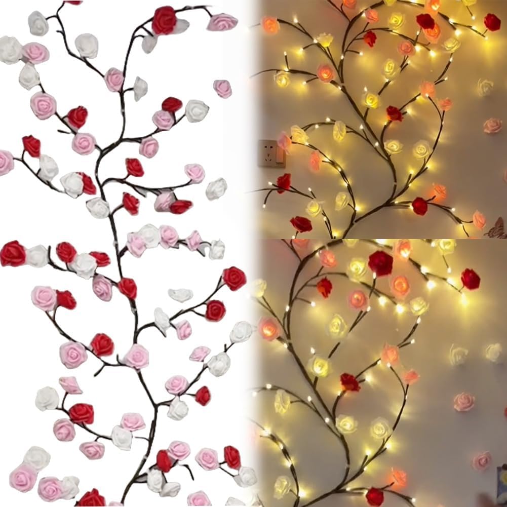 Rose Led Tree Branch Lights For Wall Rose Flower Willow Vine Twig Decor Garland With 48 Led Lights And Remote 8 Lighting Modes Christmas Decorations Indoor For Home Wall Door Window (47Inch)