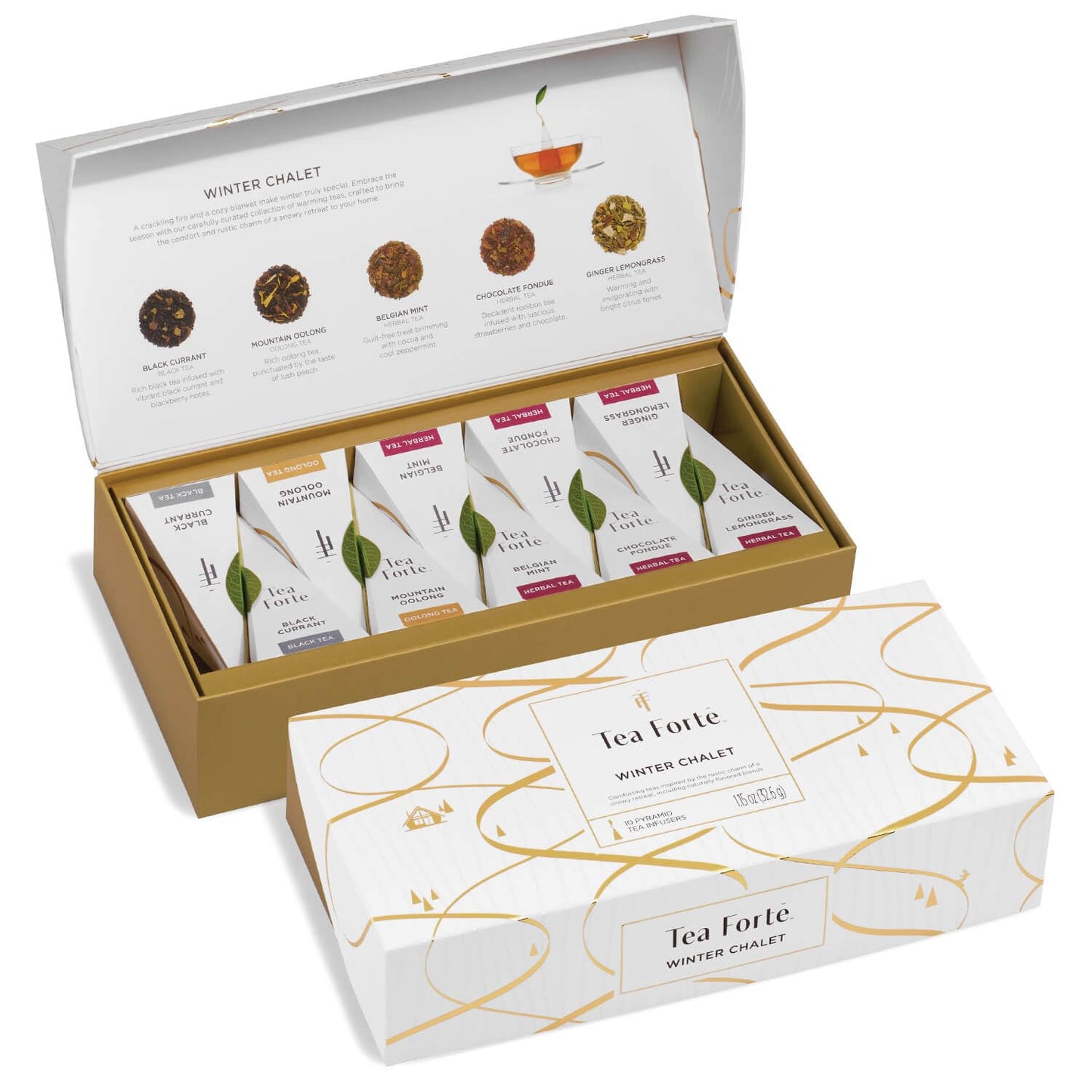 Tea Forte Winter Chalet enhanced Petite Presentation Box Gift Set Sampler 10 Count 2 of Each Blend Individually Wrapped Handcrafted Pyramid Infuser Bags