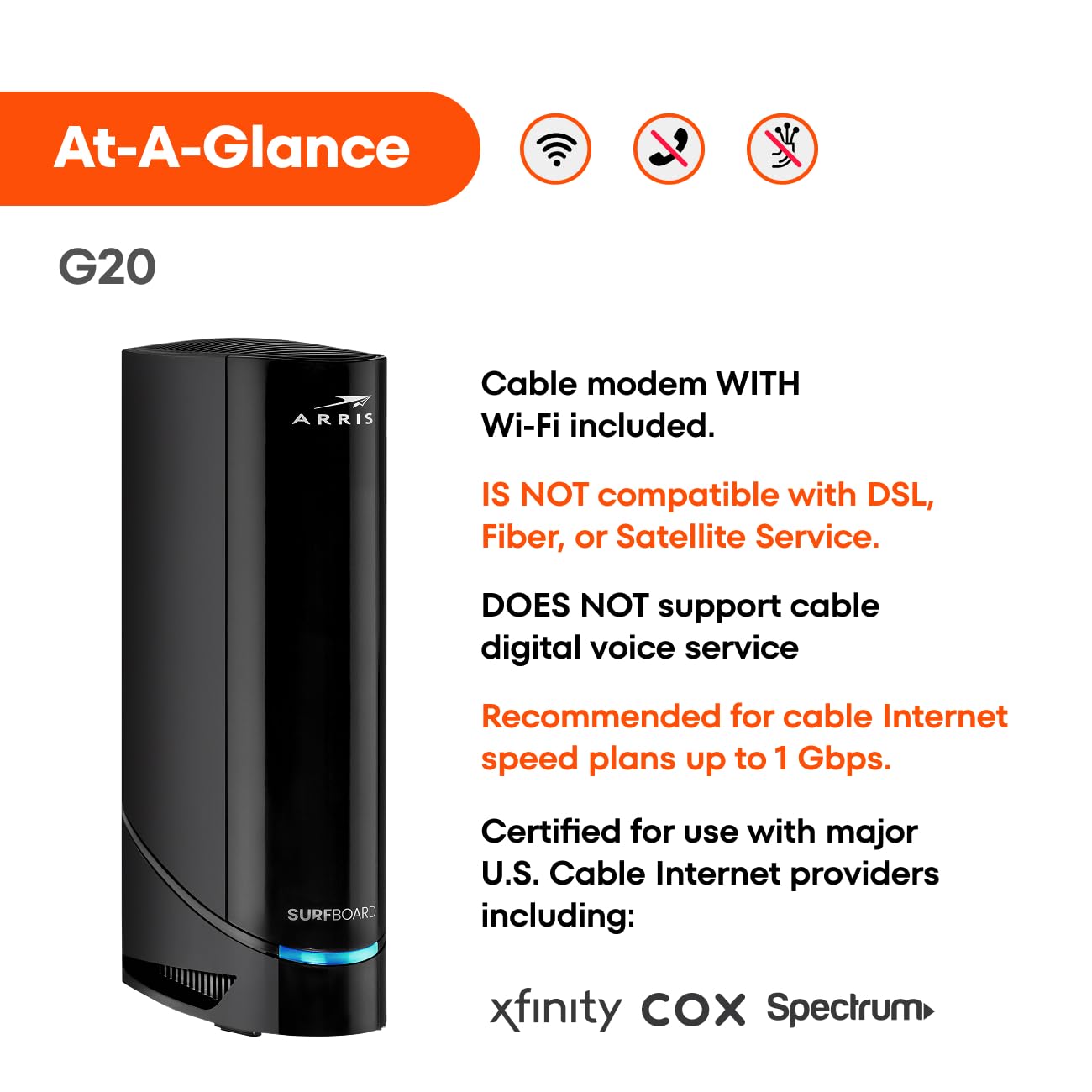 ARRIS (G20) - Cable Modem Router Combo - Fast DOCSIS 3.1 Multi-Gigabit WiFi 6 (AX3000), Approved for Comcast Xfinity, Cox, Spectrum & More, 1.0 Gbps Max Speeds, Next-Generation Upload Optimized