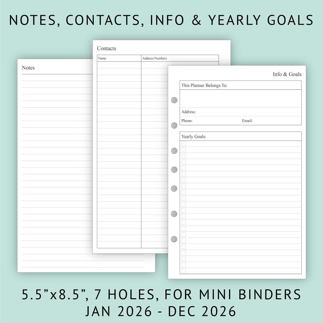 newestor 2026 Weekly & Monthly Planner Refill, 5-1/2" x 8-1/2", Jan 2026 to Dec 2026, 7-Hole Punched for Mini Binders