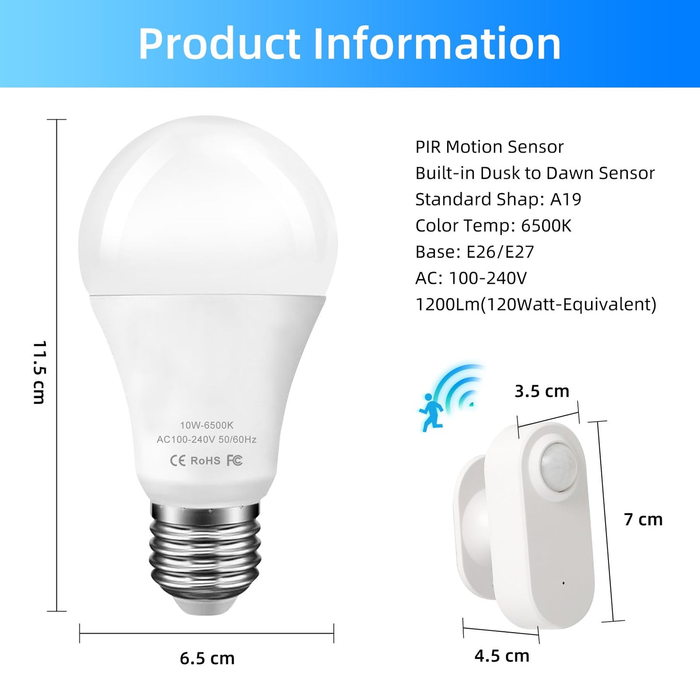 Motion Sensor Light Bulbs 10W (120W Equivalent) 1200Lm Motion Activated Dusk To Dawn Security Led Bulb 6500K Daylight A19/E26 Auto On/Off Indoor Outdoor Lighting For Garage Basement Hallway