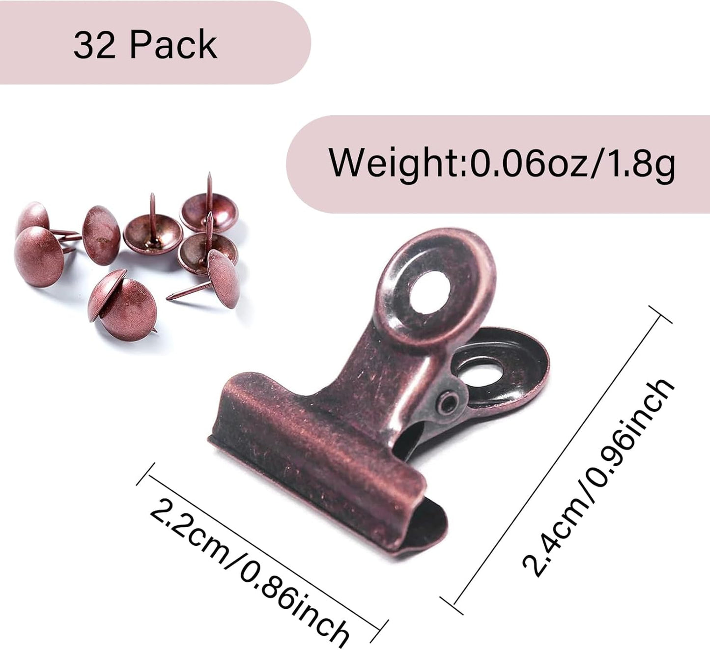 Bulldog Clips with Hole for Push-pin, Paper File Clips with Strong Spring, Small Metal Binder Clips, Seal Clamps for Coffee Tea Food Bags, Decorative Clips for DIY Photo Grid (Copper, 22 mm)