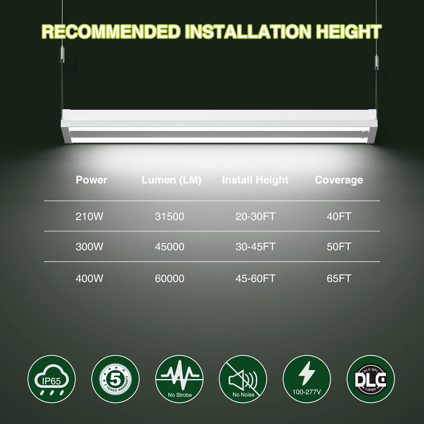 Yxl 210W 20 Pack Led Linear High Bay Shop Light Larger Central Lighting Area 31500Lm 120-277V 0-10V 5000K Commercial Linear High Bay Led Shop Lights For Warehouse Industrial Workshops Ul