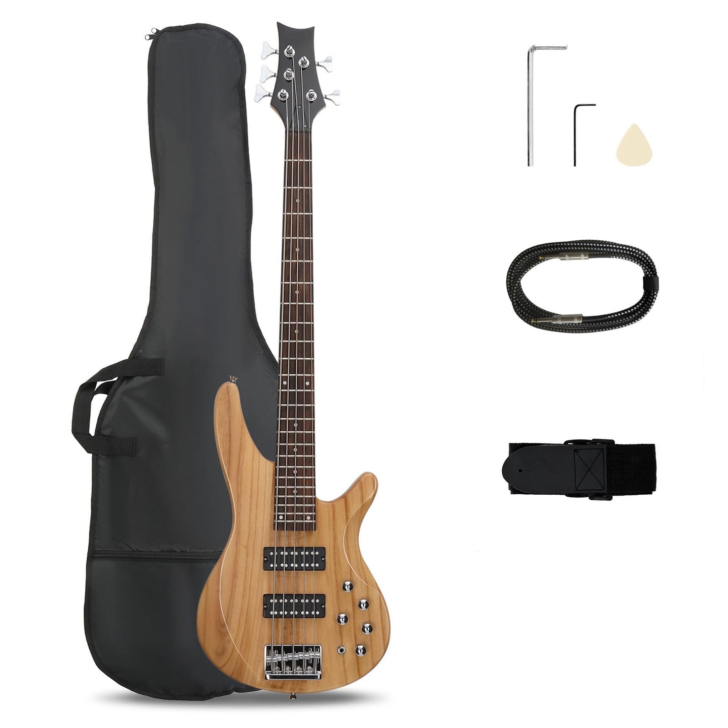 Ktaxon 5 String Electric Bass Guitar Full Size Standard Right Handed Rosewood Fretboard Bass Kit With Gig Bag Strap Cable Wrench Tool (Upgraded Natural) -Like New