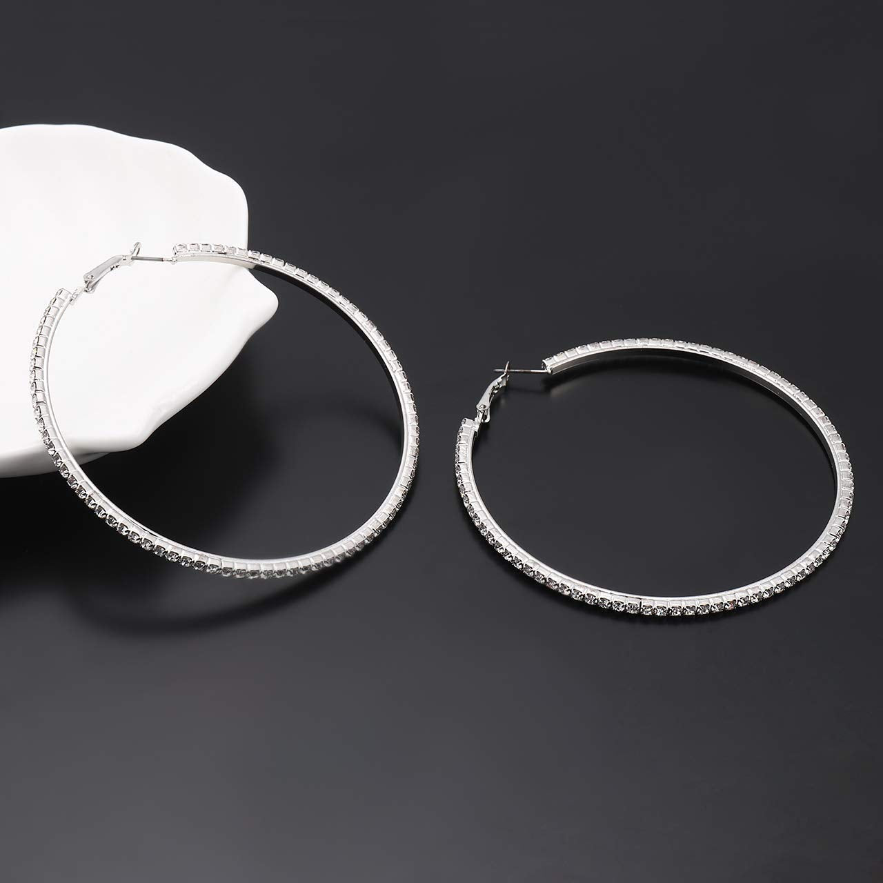 BSJELL Hoop Earrings for Women Silver Large Cubic Zirconia Hoop Earrings Big Circle Stud Earrings Crystal Bridal Wedding Fashion