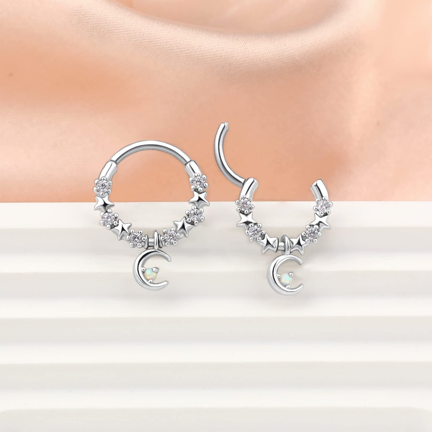 Melighting Septum Rings 16G Moon Septum Jewelry with Opal Clear CZ Surgical Steel 316L Star Helix Earring Dangle Daith Earrings