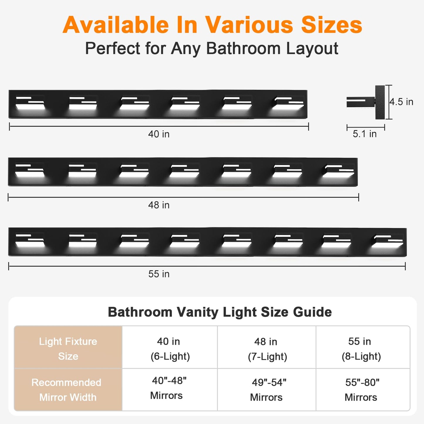 Izorro Modern Led Bathroom Vanity Light Fixtures (8-Light 5Cct Dimmable) Matte Black Vanity Lights For Bathroom Lighting Fixtures Over Mirror With Rotatable