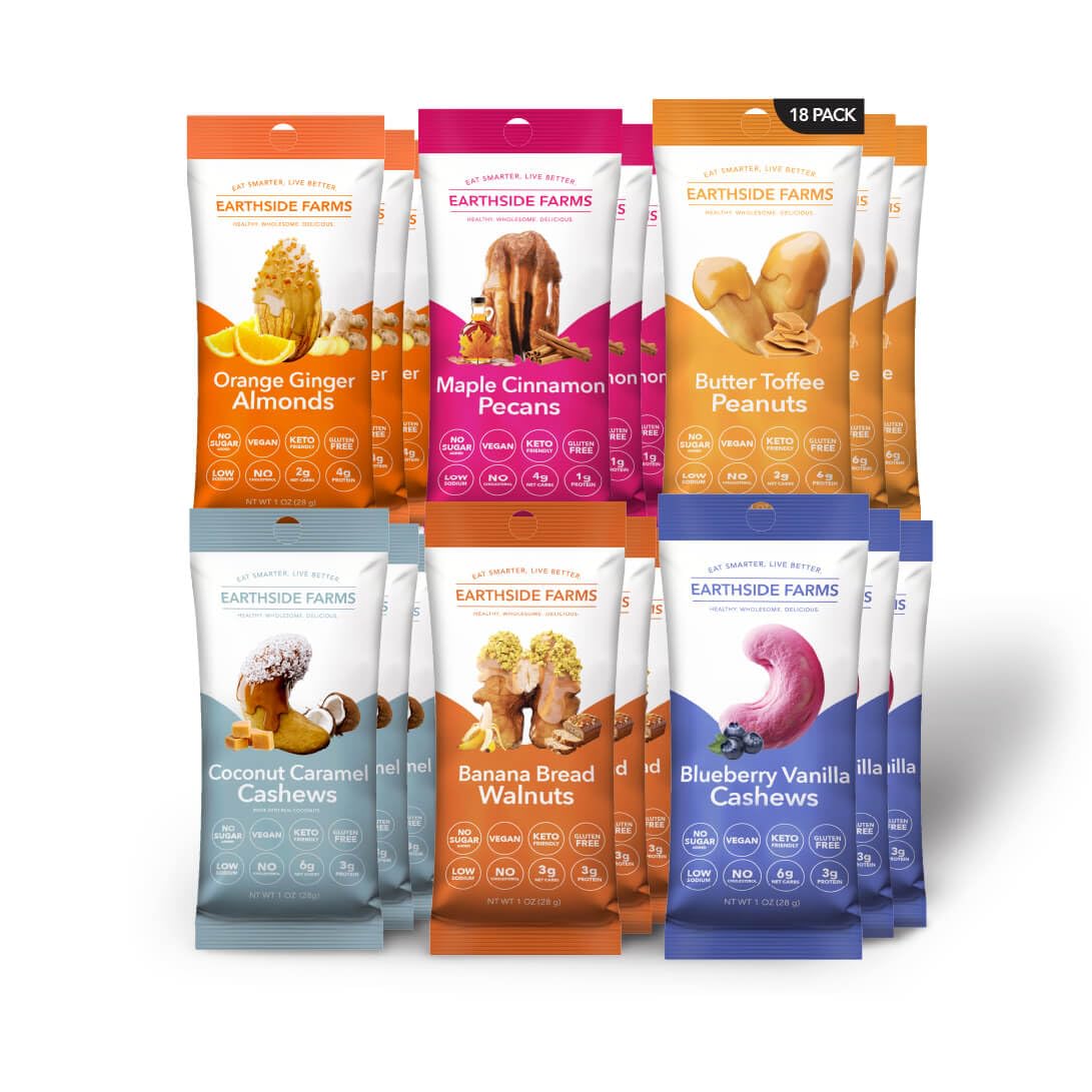 Earthside Farms 18 pcs Variety Pack - 1oz 3pcs Each of Coconut Caramel Cashews Butter Toffee Peanuts Blueberry Vanilla Cashews Maple Cinnamon Pecans Orange Ginger Almonds Banana Bread Walnuts