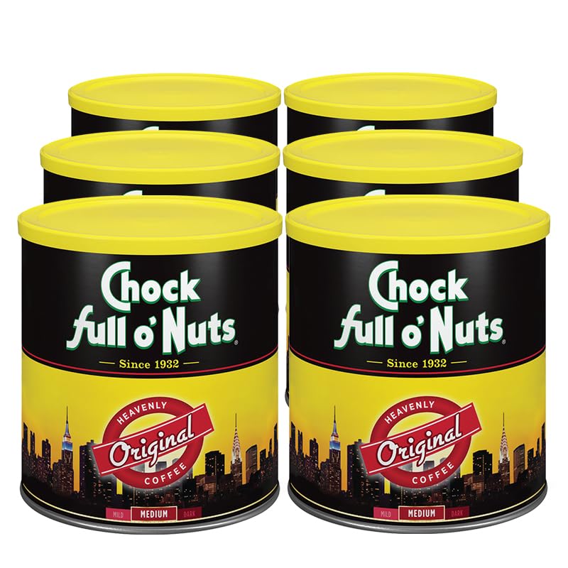 Chock Full o Nuts Heavenly Original Ground Coffee - enhanced Beans in Recyclable Steel Can - Rich Flavor & Aroma Medium Roast - Perfect for Drip Pour-Over Percolator - 30.5 Oz Can Pack of 6