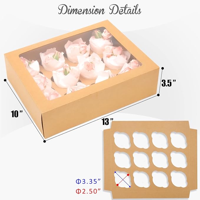 Bakepacker 12 Cupcake Containers 12-Packs Brown Cupcake Box Cupcakes Carrier, 12 Cupcake Boxes with Window 13"x10"x3.5"(Auto-pop up)