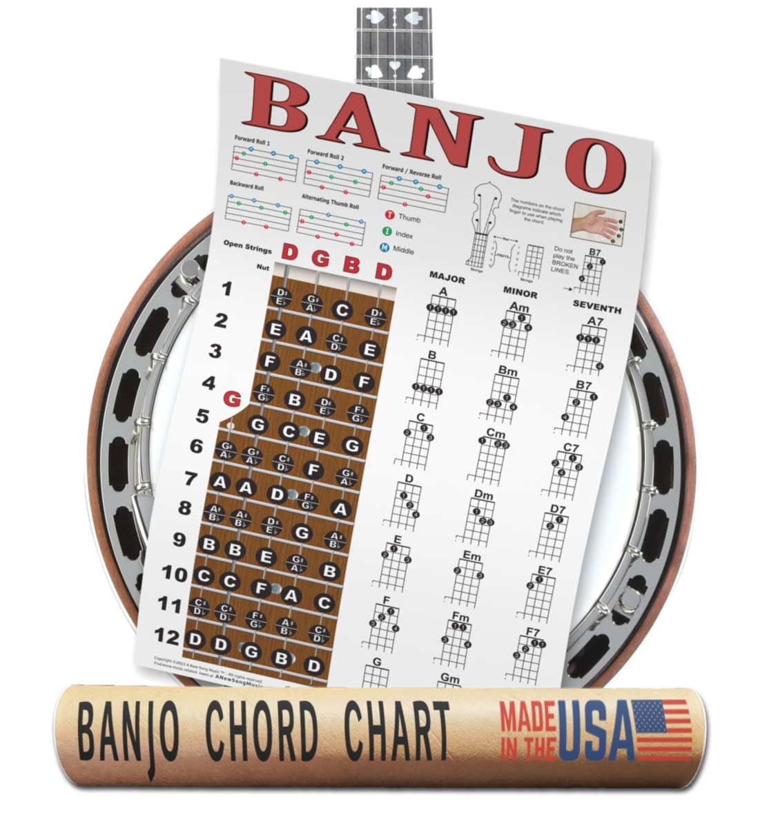Banjo Poster - Chords Rolls Fretboard Notes - Open G Tuning 11x17 Easy Beginner Instructional Chart by A New Song Music