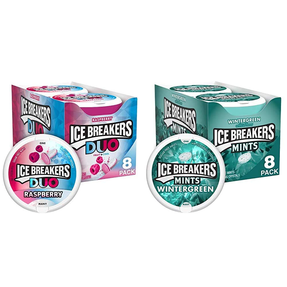 ICE BREAKERS Duo Fruit Plus Cool Raspberry Sugar Free Mints Tins (8 Count) and ICE BREAKERS Wintergreen Sugar Free Breath Mints