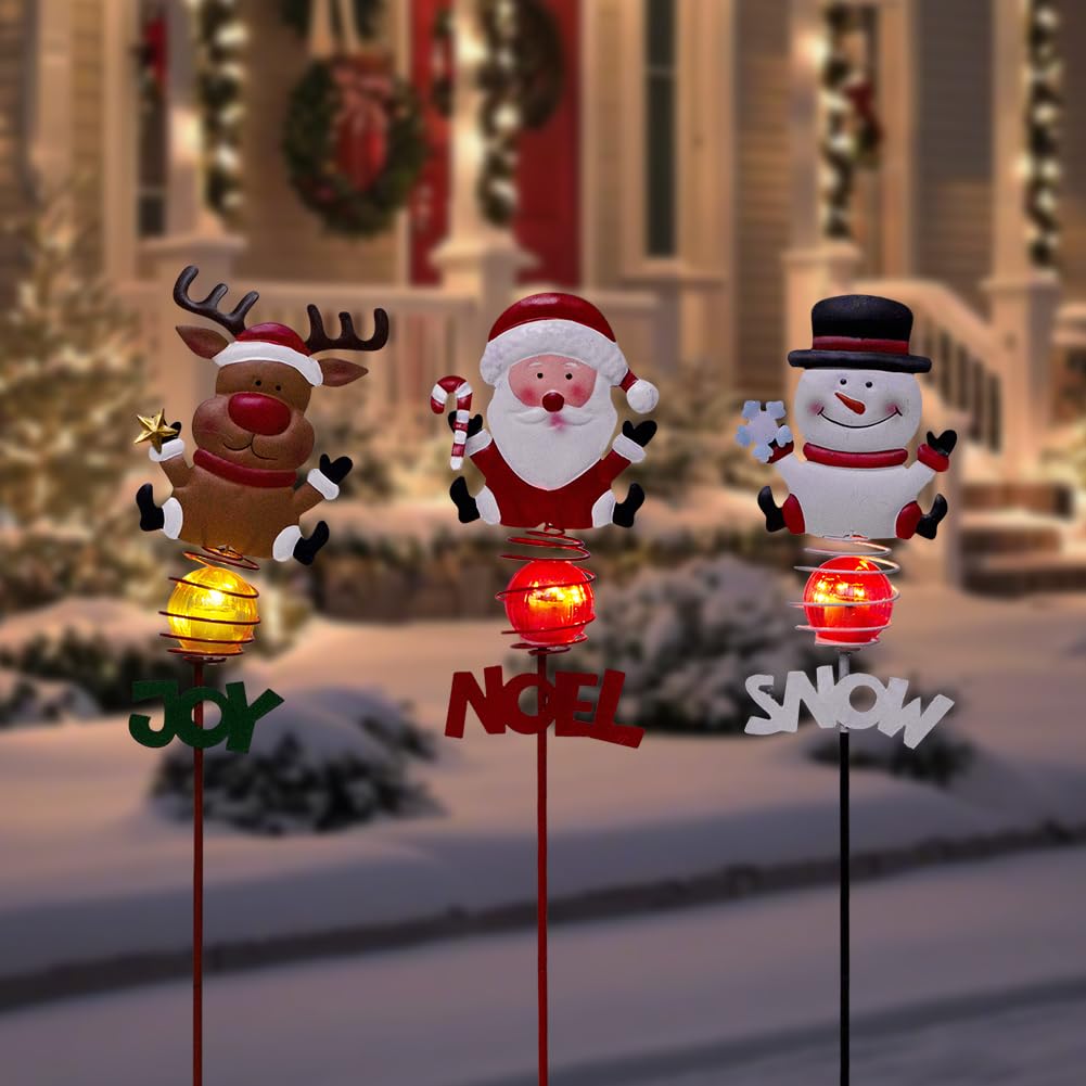 SATHGA Christmas Solar Garden Lights,3 Pack Santa Claus Snowman Reindeer Solar Stake Lights,Xmas Figurine Lights for Yard Lawn P