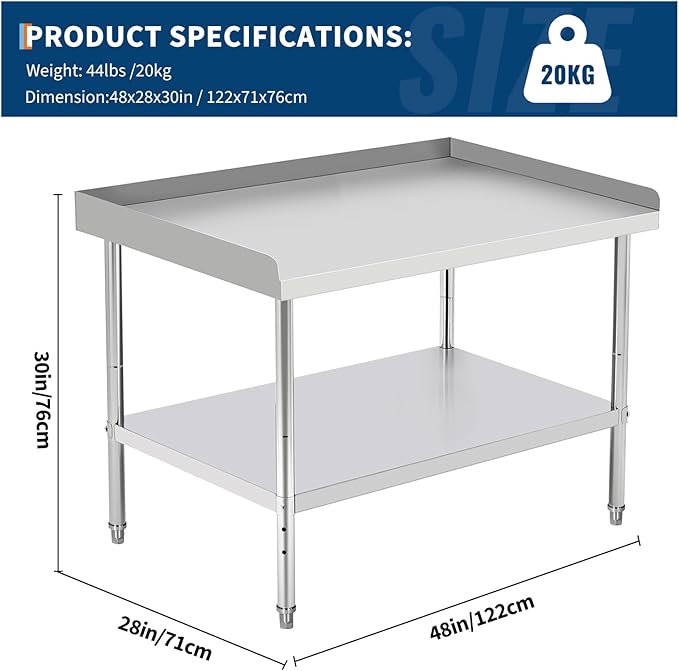 48x28x30 in Stainless Steel Equipment Grill Stand Table 400 LBS Capacity NSF Certified with Adjustable Legs, 2 in Edge Baffle, for Hotel, Home, Commercial Restaurant Kitchen