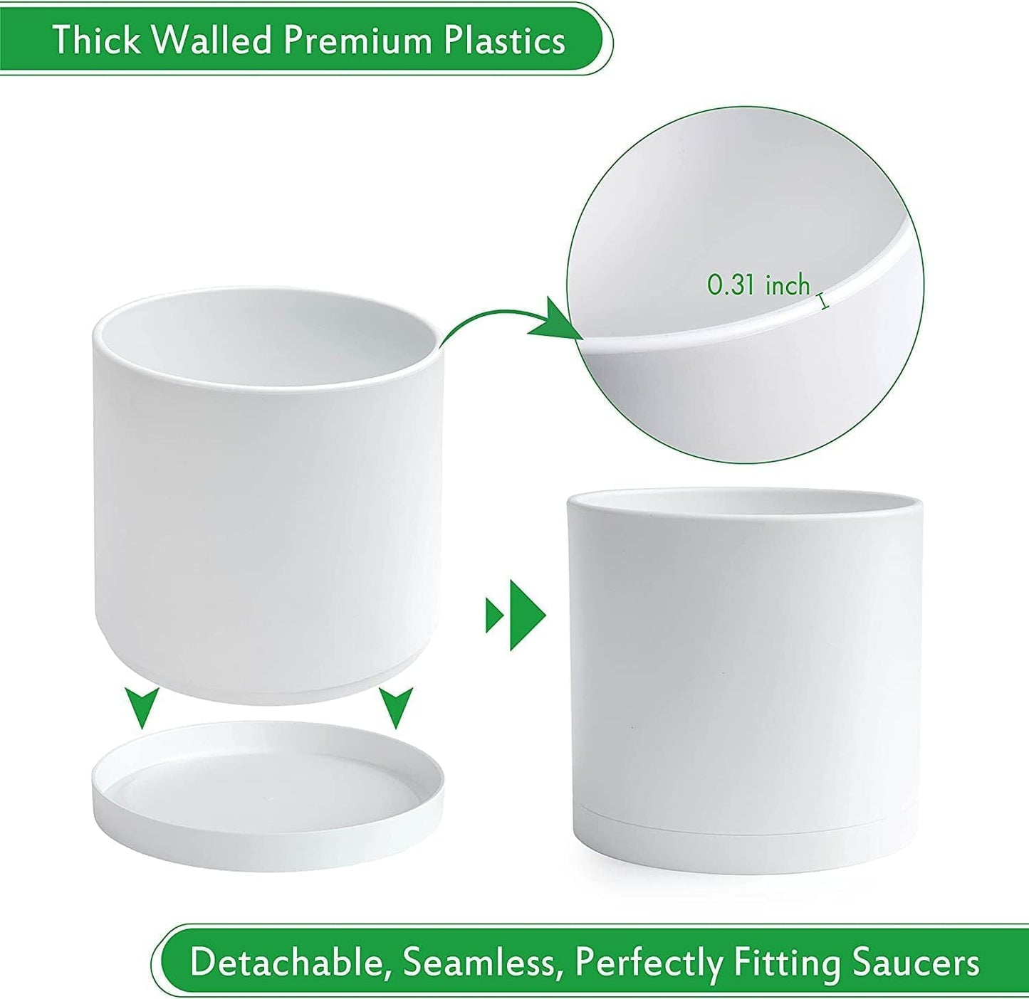 D'vine Dev 2 Pack 10 Inch Modern Plastic Plant Pots, Small Garden Planters for Plant with Drainage Holes and Saucers, White Color, 74-Z-N-1