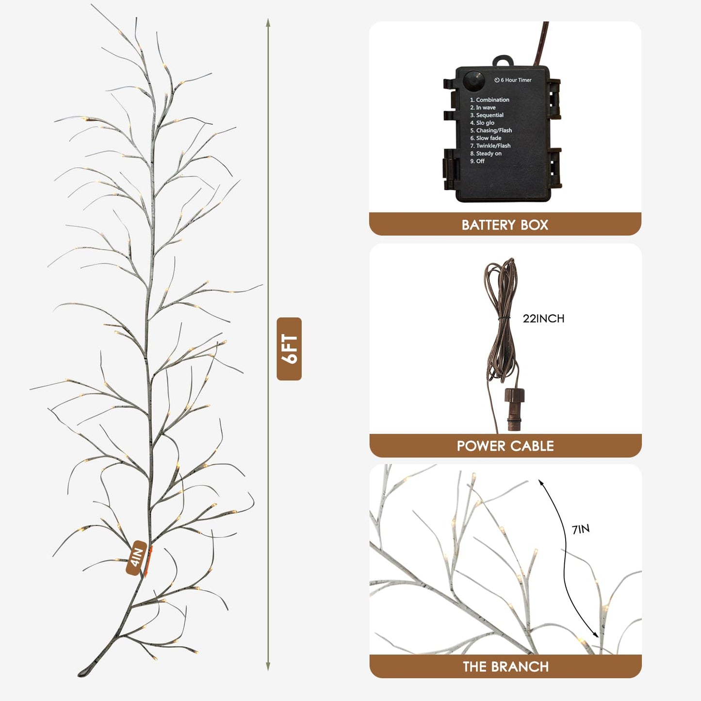Birch Vine With Lights With Timer 6Ft 72Led Artificial Tree For Walls Birch Twig For Room Decor Mantle Fireplace Holiday Christmas Decorations Birch Branches - Battery Operated
