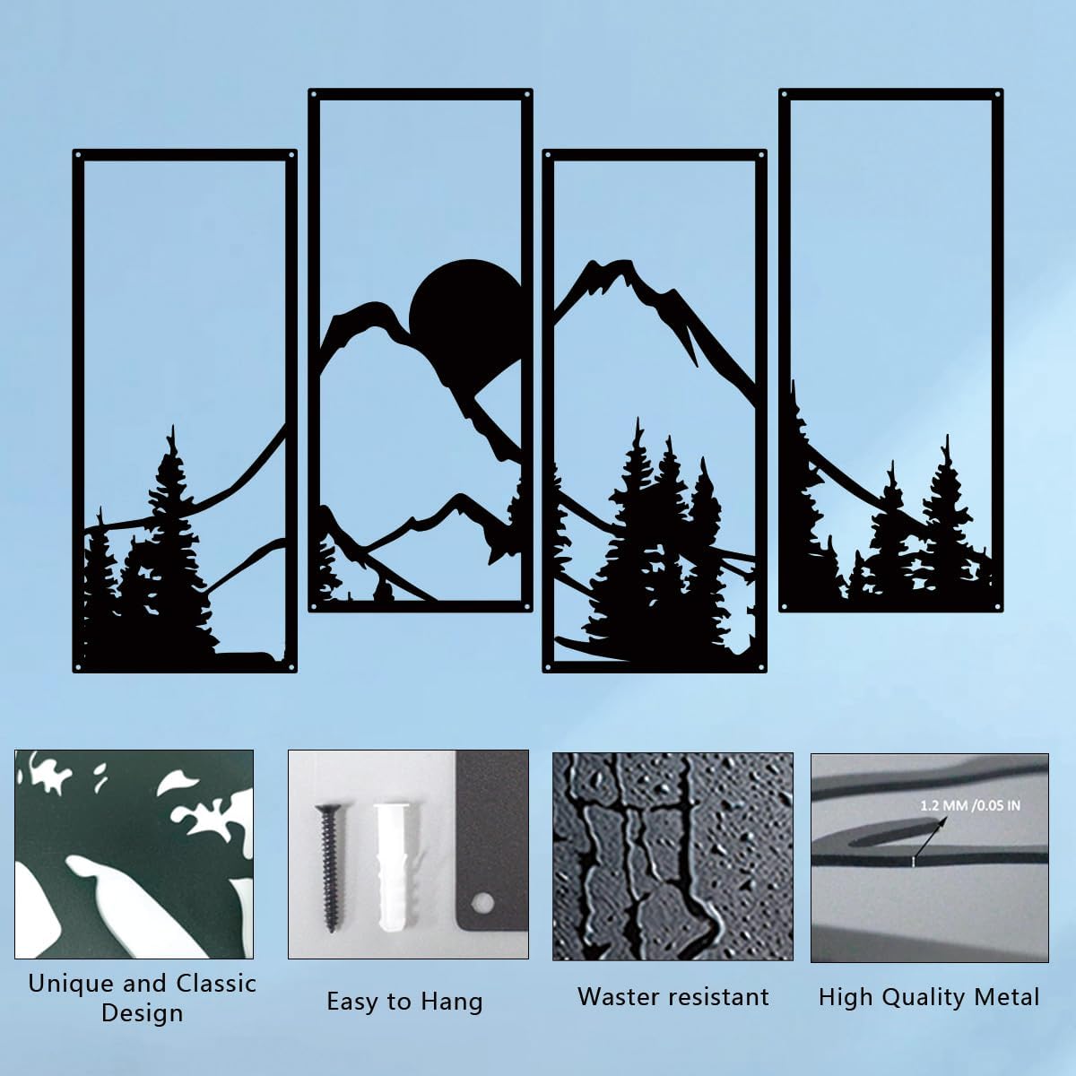 ruelen 4 Pcs Metal Sunset Mountain Forest Wall Decor, Abstract Minimalist Line Drawing Large Mountains Wall Art Home Decor for Living Room Bathroom Bedroom Office Indoor And Outdoor (Black, Large)