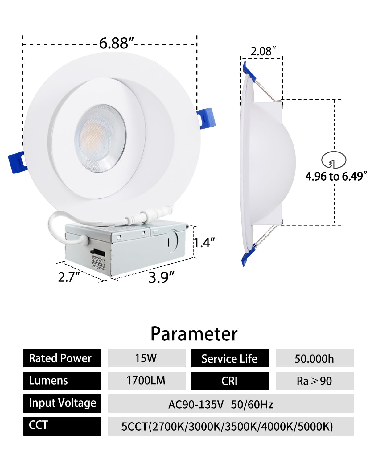 Adetu Led Recessed Lighting 6 Inch 360?90?Adjustable Directional Gimbal 6 Inch Led Recessed Light 2700K-5000K 5Cct Dimmable Retrofit Eyeball Can Recessed Lights With Jbox Et (White 6 Pack)