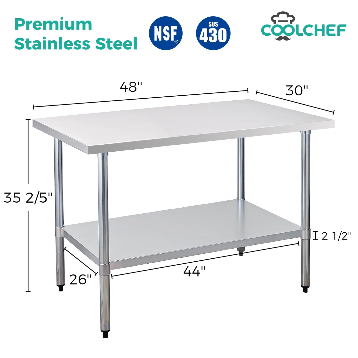 Okeyolive Stainless Steel Work Table 30 x 48 Inch, NSF Commercial Prep Table with Undershelf, Heavy Duty Food Prep Workstation