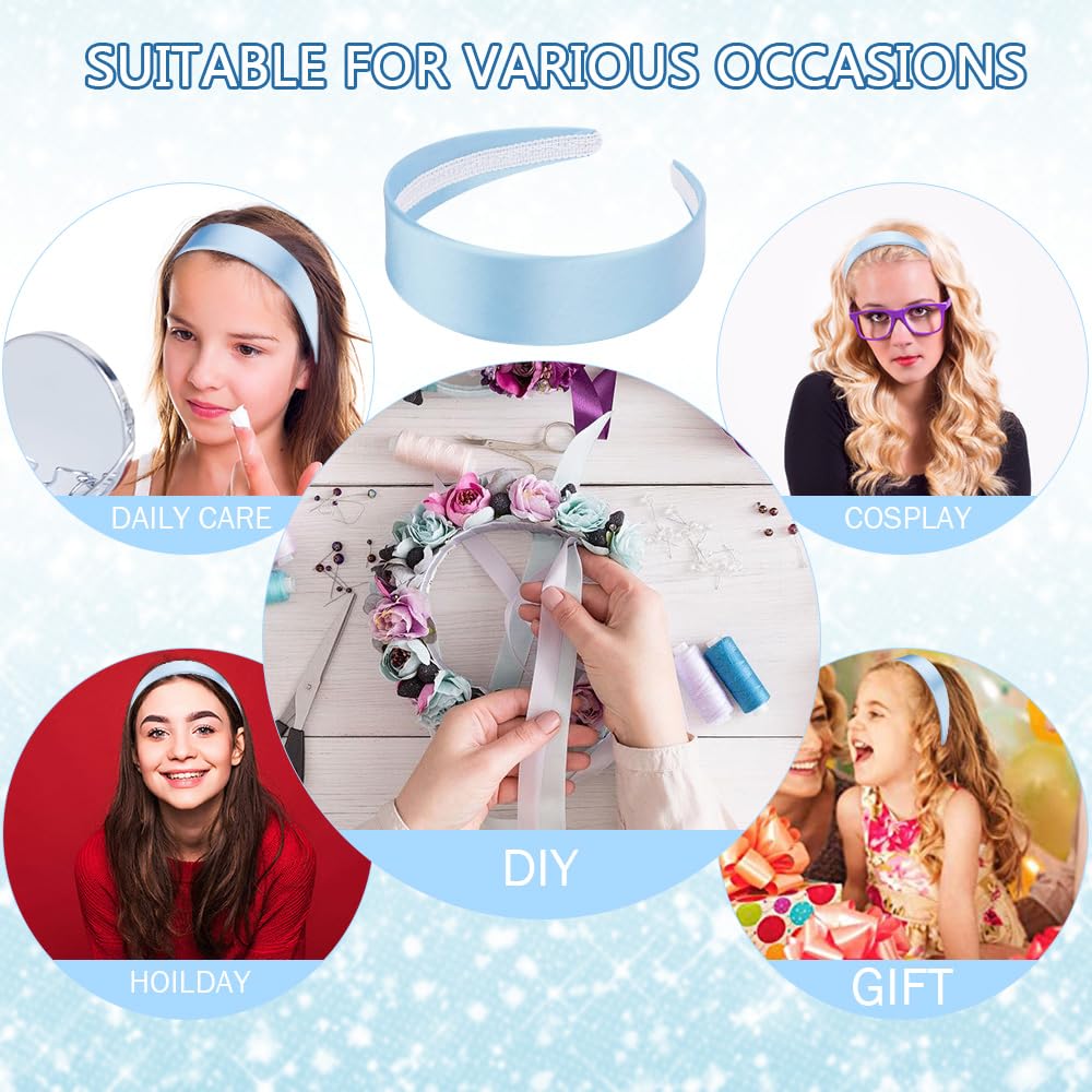 AHONEY Light Blue Headband for Women Girls Satin Silk Headband Non Slip 1.57 Wide Plain Head Band Solid Hair Band DIY Halloween