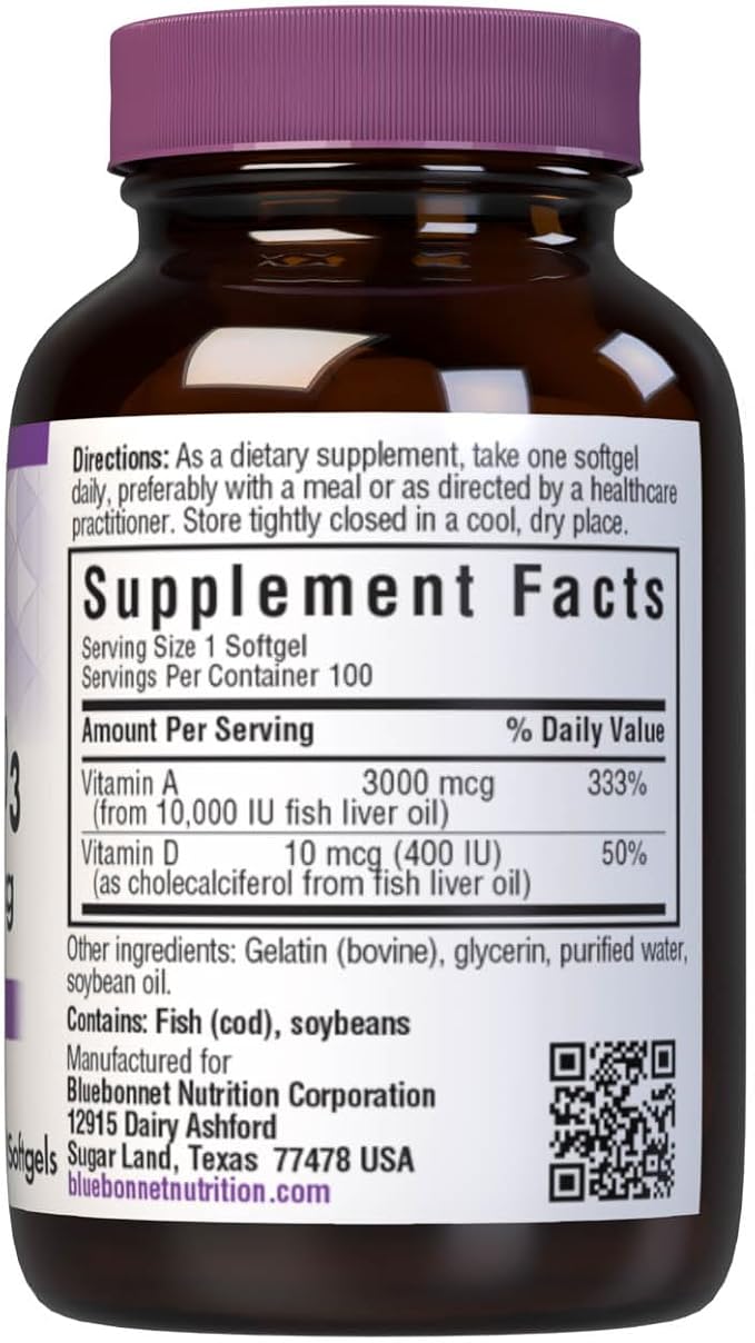 Bluebonnet Nutrition Vitamin A & D3 10,000 IU/400 IU from Deep Sea, Cold Water, Fish Oil - For Eye Health & Immune Function* - Gluten Free -Dairy Free -Molecularly Distilled -100 Softgel/100 Servings