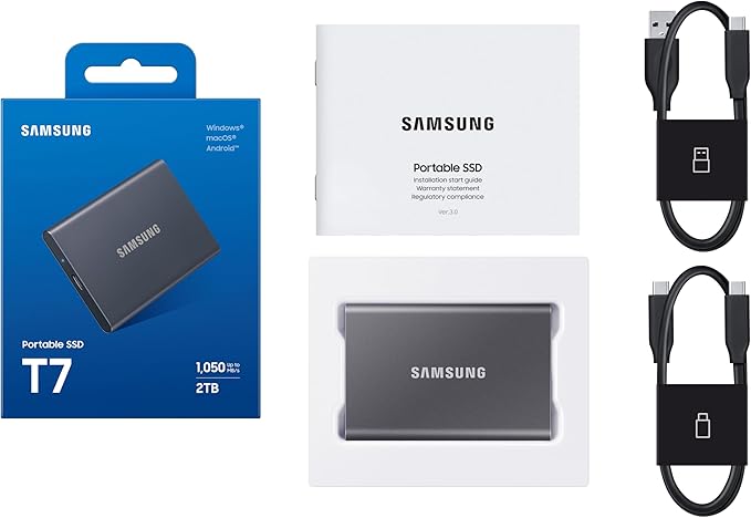 Samsung T7 Portable SSD, 2TB External Solid State Drive, Speeds Up to 1,050MB/s, USB 3.2 Gen 2, Reliable Storage for Gaming, Students, Professionals, MU-PC2T0T/AM, Gray