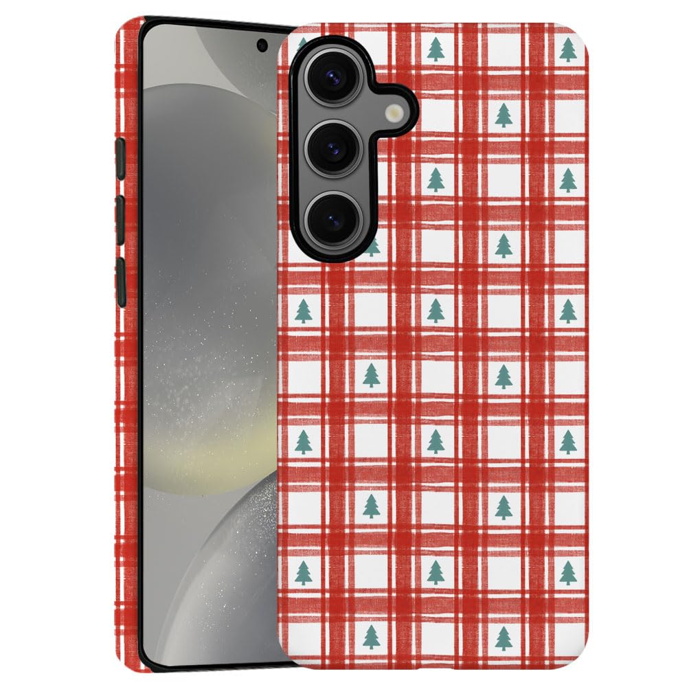 TnXee Case for Samsung Galaxy S24,Christmas Tree Red Gingham Pattern Phone Case Drop Resistant Frosted 2 in 1 Solid Dual-Layer C