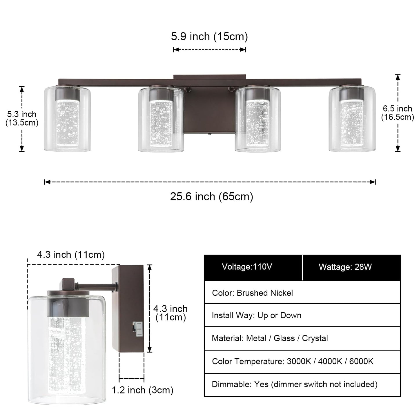 SineRise 4-Light Bronze Vanity Light with 3 Color Modes (3000K/4000K/6000K), Eye Protection LED Bathroom Light Fixture, Dimmable Modern Wall Light Over Mirror with Clear Glass Shade