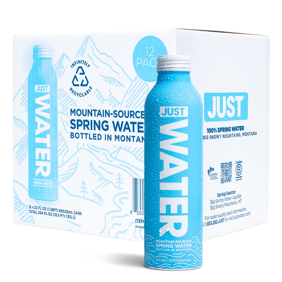 JUST Water enhanced Pure Still Spring Water in an infinitely recyclable aluminum bottle- Naturally Alkaline High 8.0 pH - Fully Recyclable canned water 22 Fl Oz (Pack of 12)
