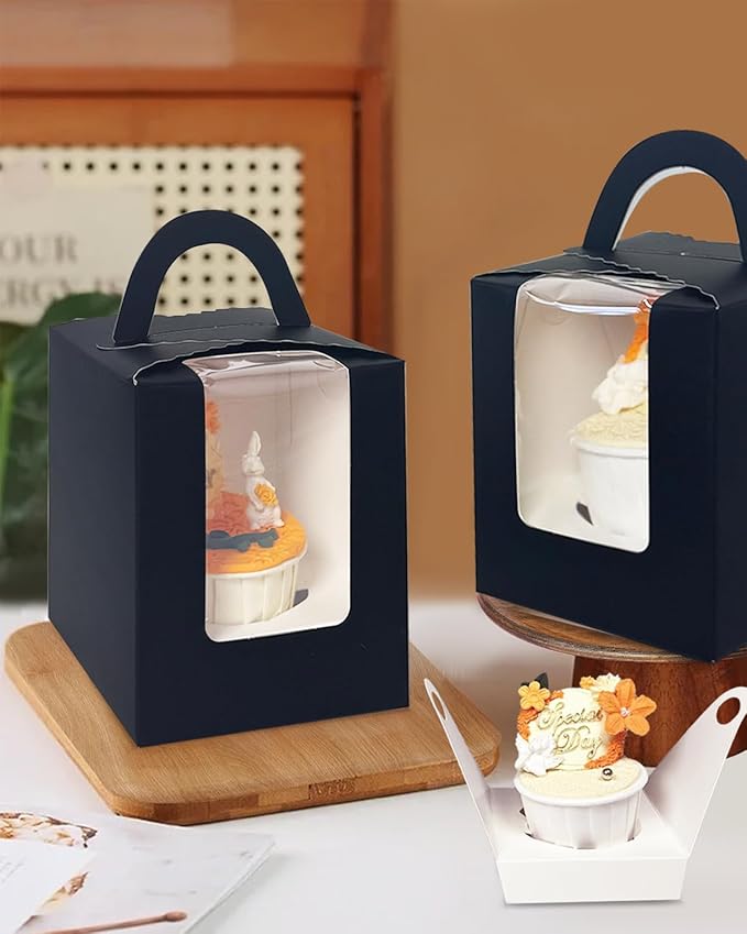 Bakepacker Auto-pop up Individual Cupcake Boxes with Window 25 Count Black Single Cupcakes Box 3.7 x 3.7 x 4.3inch Cupcake Carrier