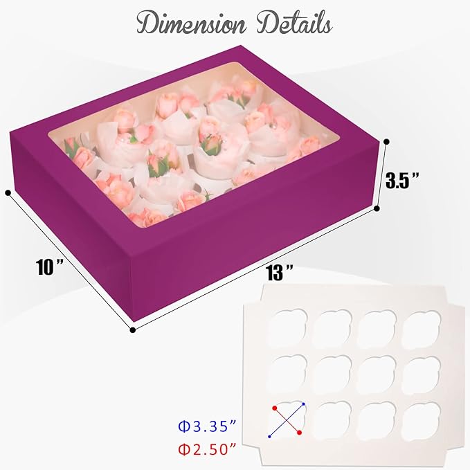 Bakepacker 12 Cupcake Containers 10-Packs Deep Purple Cupcake Box Cupcakes Carrier, 12 Cupcake Boxes with Window 13"x10"x3.5"(Auto-pop up)