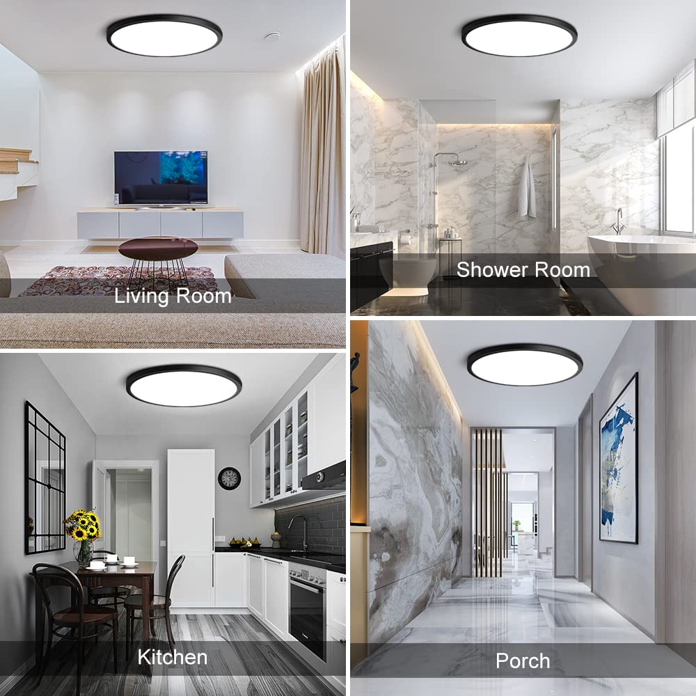 Ledlightsworld 12 Inch Led Ceiling Light Fixture, 24W, Daylight White 5000K, Black, Flush Mount, 3200Lm, Low Profile For Home Use
