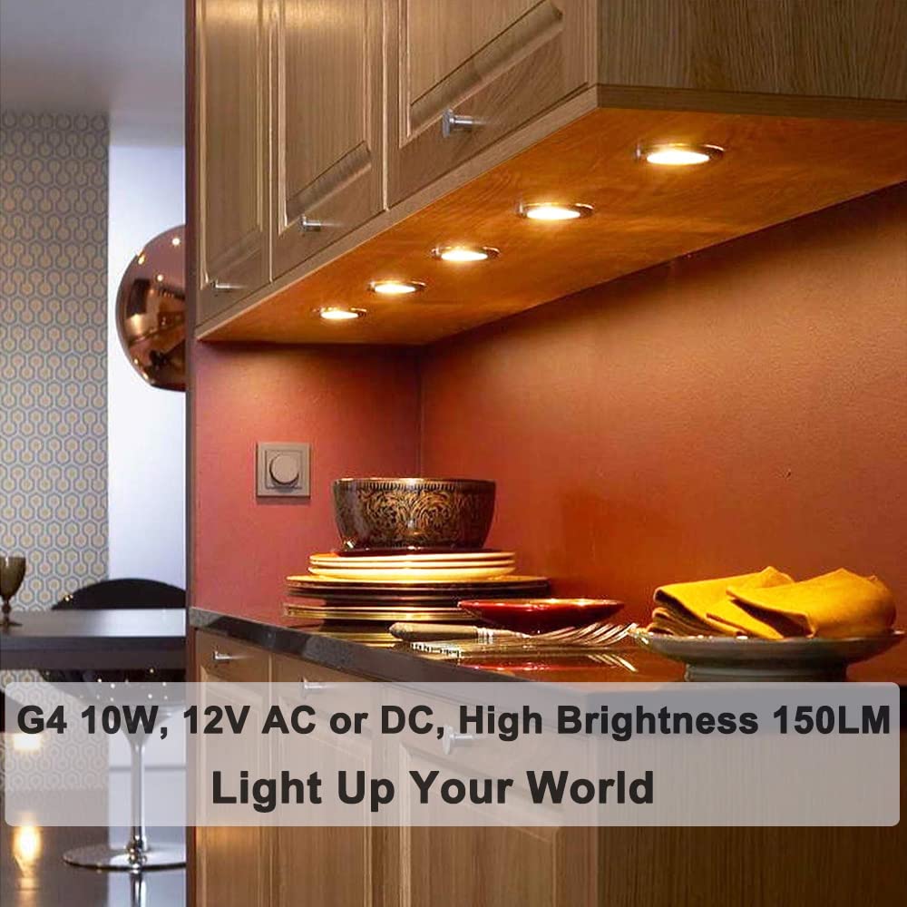 G4 Halogen Bulb, 10 Pack 12V 10W Bi-pin Base, High Output 150LM 3000Hrs Long Lifetime, Dimmable, CRI100 & 2800K Warm White, for Cabinet Light Bulbs