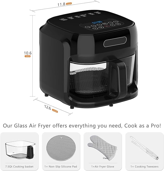 6.4QT Air Fryer with Visible Glass Bowl, 360° Even Heating System, Digital Control, Easy Clean (Black)
