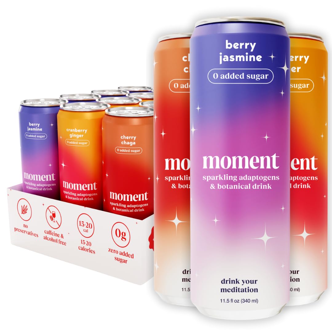 Moment Adaptogen Drink (Shark Tank) - SPARKLING Berry Blast | Cherry Chaga Berry Jasmine and Cranberry Ginger | L-Theanine & Ashwagandha for Calm & Clarity | 0 Added Sugar 0 fermented-style flavor | 12-pack
