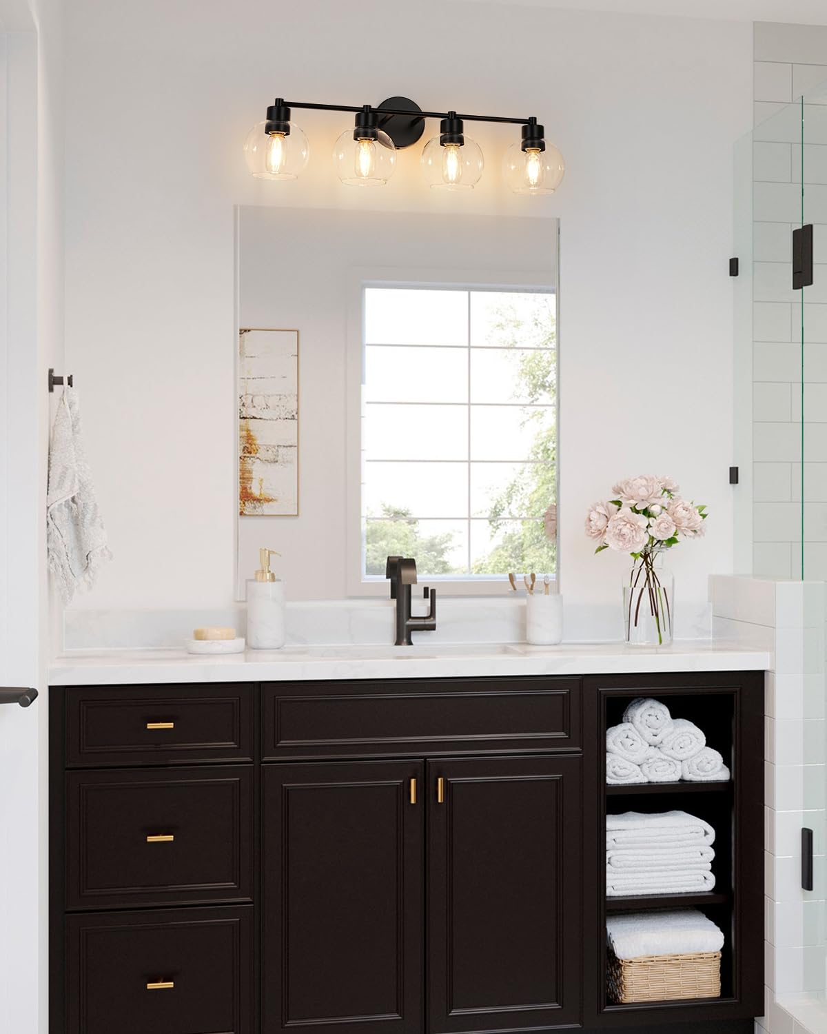 Wilon Matte Black Vanity Light Modern 4 Light Bathroom Vanity Light With Globe Clear Glass Shades Wall Sconces With E26 Base Bathroom Lighting Fixtures Over Mirror Wall Lamp For Bedroom