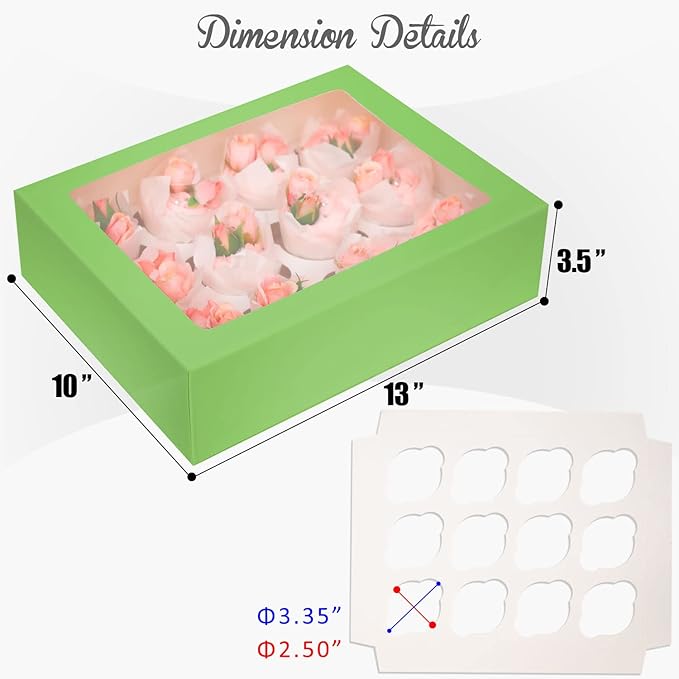 Bakepacker 12 Cupcake Containers 10-Packs Avocado Cupcake Box Cupcakes Carrier, 12 Cupcake Boxes with Window 13"x10"x3.5"(Auto-pop up)