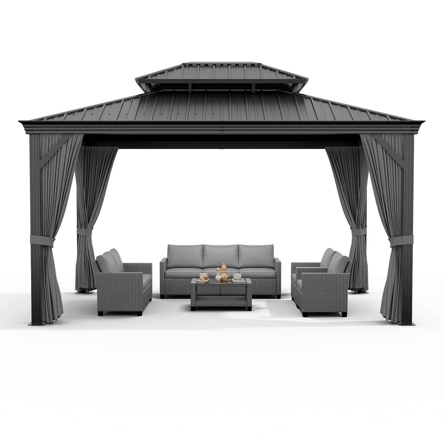 12'x18' Hardtop Gazebo, Heavy Duty Aluminum Permanent Hardtop Gazebo Outdoor Pavilion with Curtains and Netting for Garden