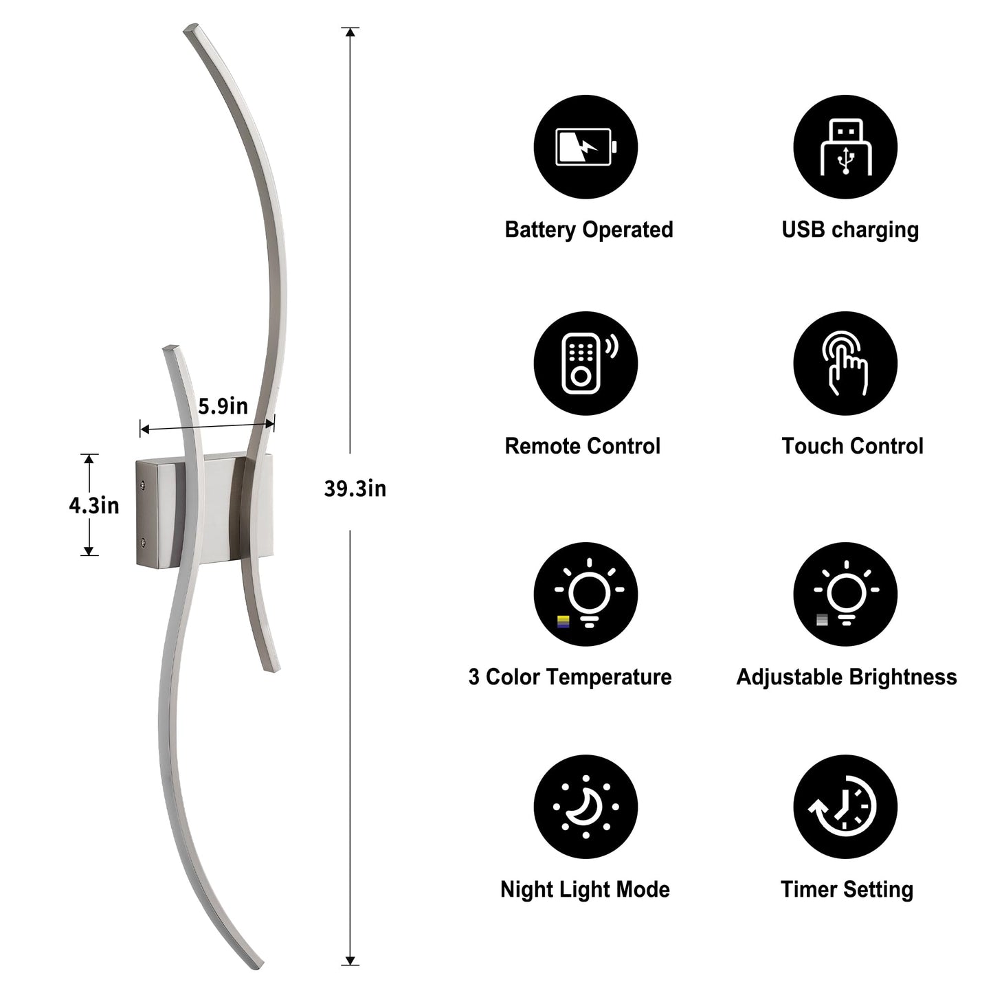 KARTOOSH Battery Operated Wall Sconces Set of 2, Remote Control, Stepless Colors 3000K-6000K, Nickel, 39.3 Inch, Model Z