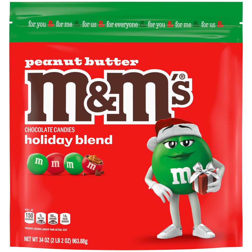 M&MS Peanut Butter Red & Green Milk Chocolate Christmas Candy 34 Oz Resealable Bag