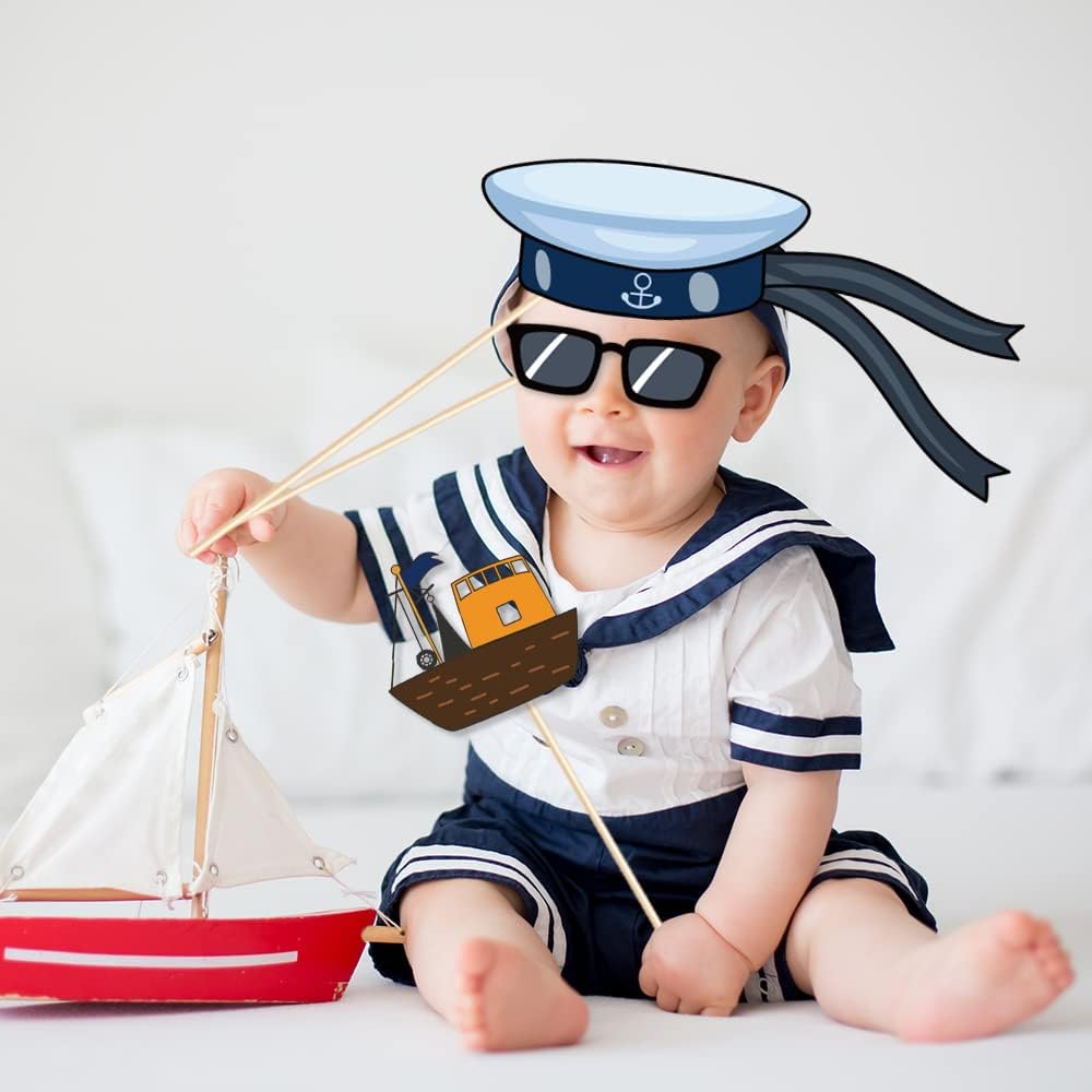 25Pcs Nautical Photo Booth Props Nautical Theme Photo Booth Props with Stick Ahoy Sailor Boy Theme Selfie Props Cruise Anchor Sailboat Yacht Photography Prop for Sailor Party Decor