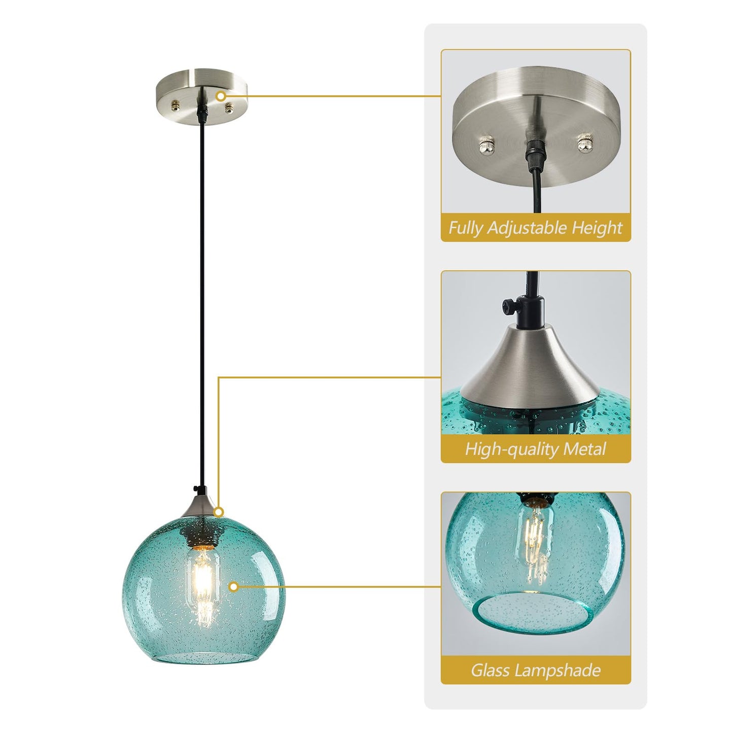 Lbsqj Light Blue Glass Pendant Lights Kitchen Island Lighting Globe Pendant Light Fixtures Modern Pendant Lighting For Bedroom Living Dining Room Light Fixture (7.87 In 3 Pack)